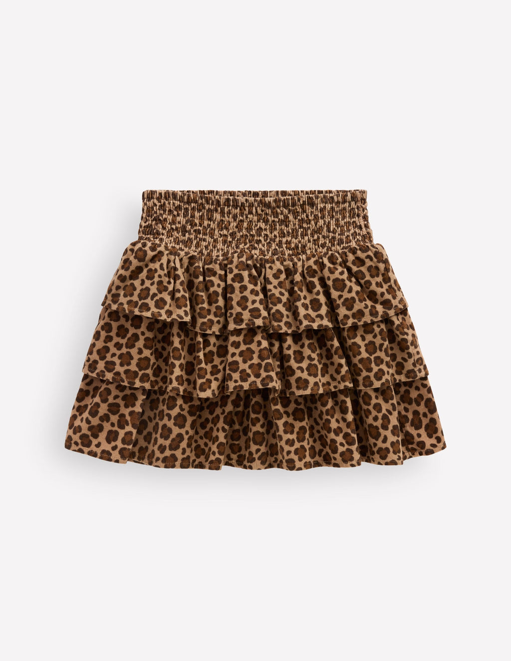 Smocked Waist Ruffle Skirt-Brown Leopard Cord