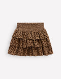 Smocked Waist Ruffle Skirt-Brown Leopard Cord