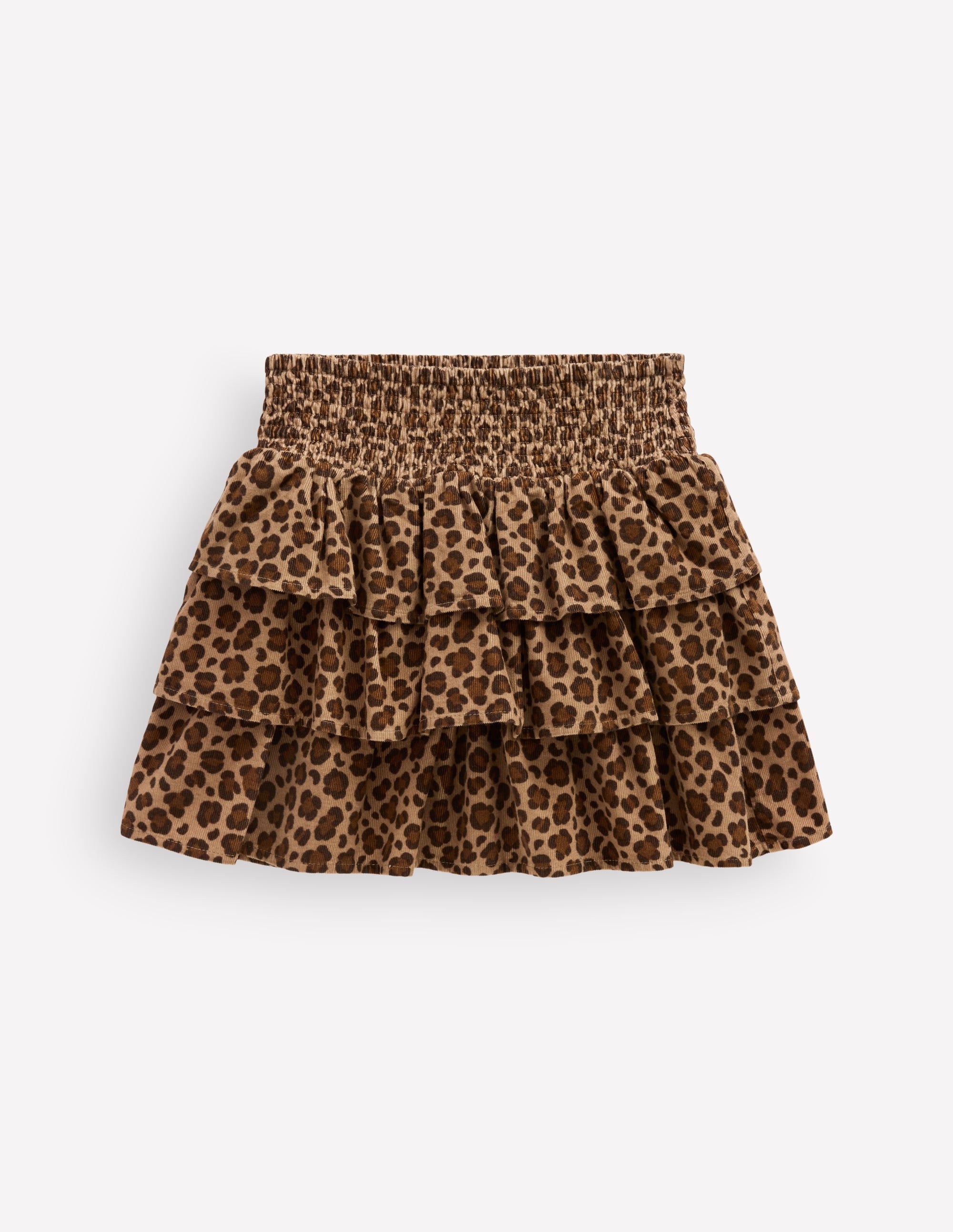 Smocked Waist Ruffle Skirt-Brown Leopard Cord