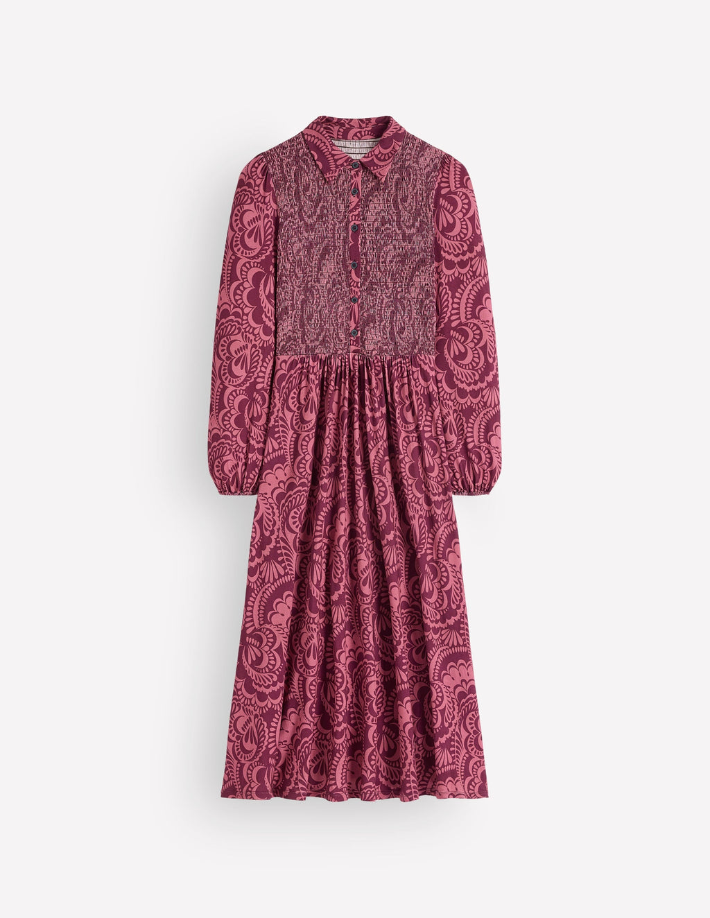 Camilla Smocked Jersey Dress-Maroon, Flourishing Medley