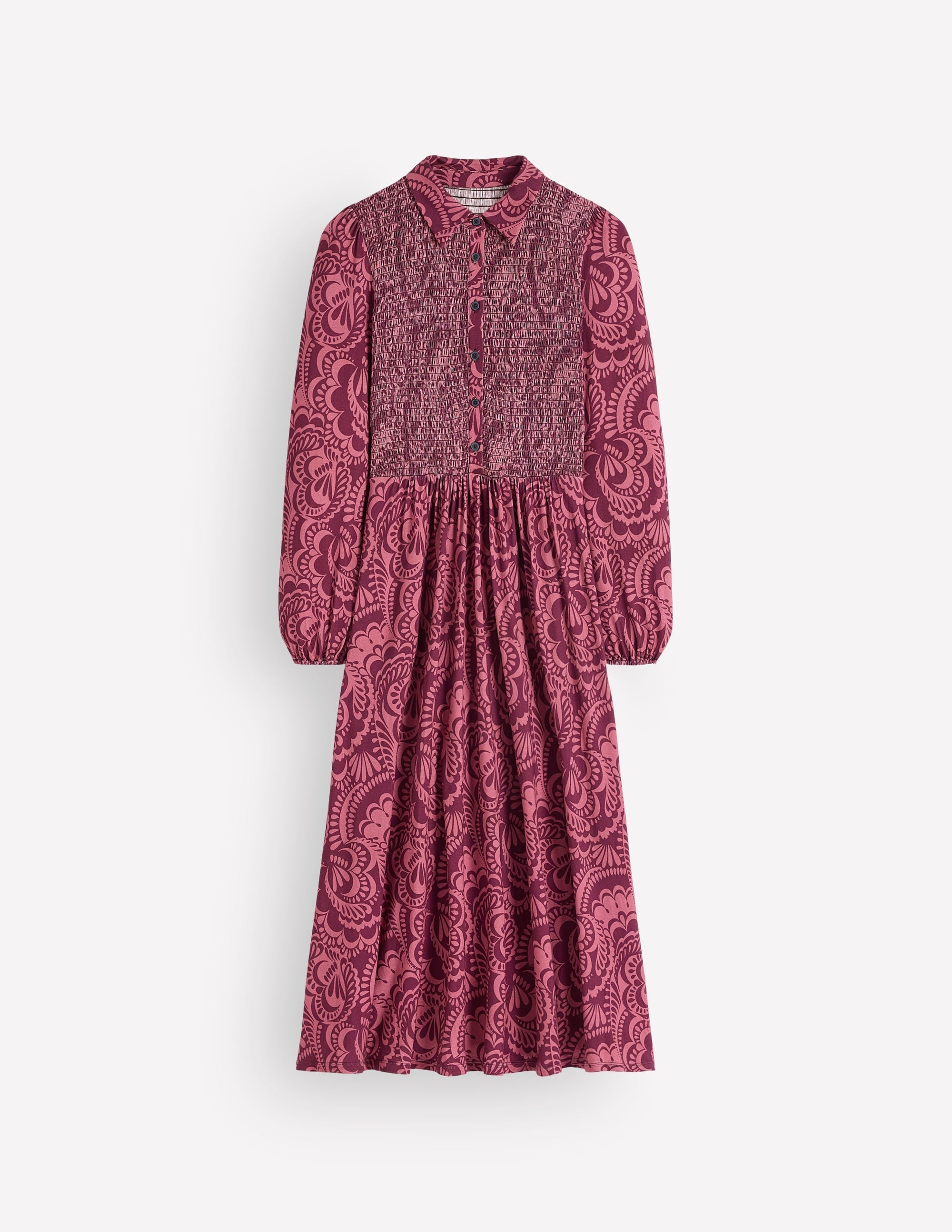 Camilla Smocked Jersey Dress-Maroon, Flourishing Medley