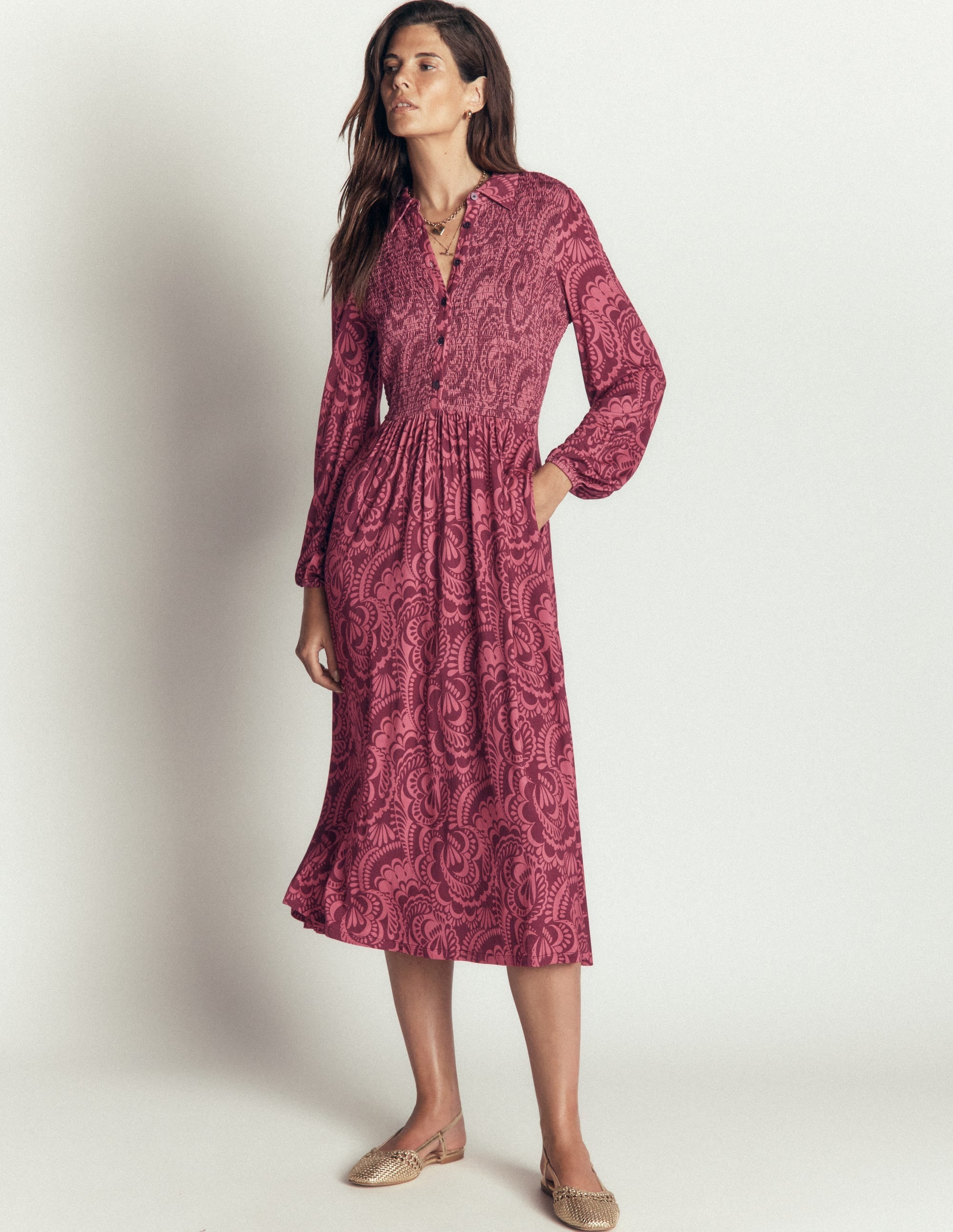 Camilla Smocked Jersey Dress-Maroon, Flourishing Medley