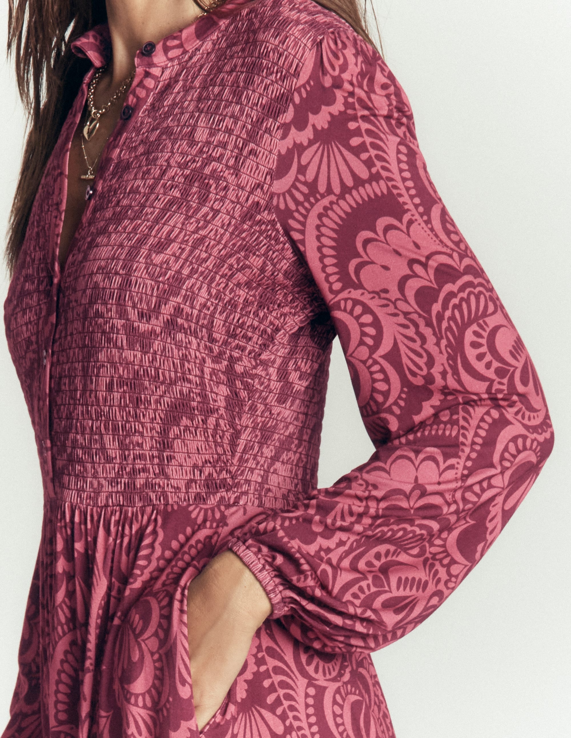 Camilla Smocked Jersey Dress-Maroon, Flourishing Medley
