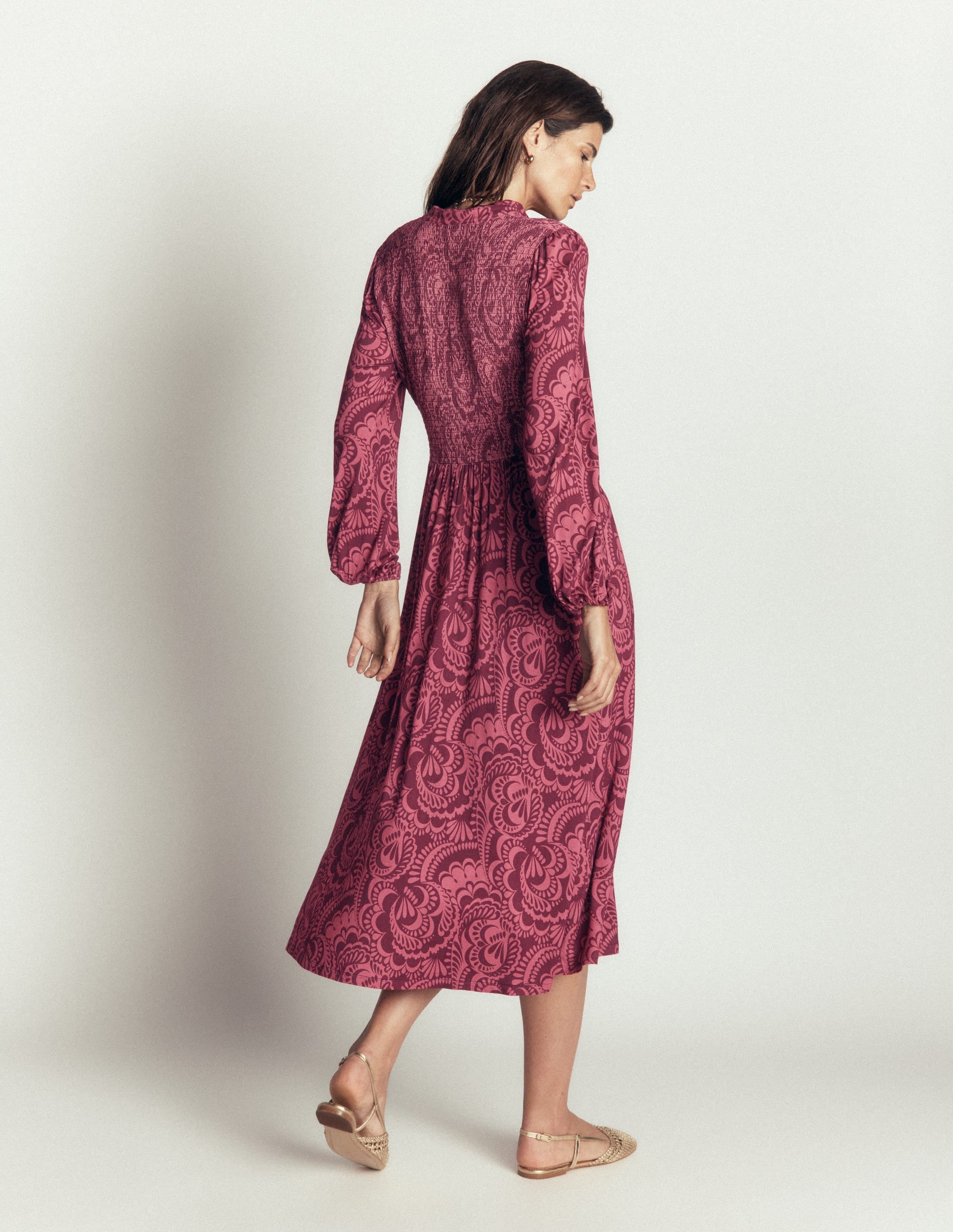Camilla Smocked Jersey Dress-Maroon, Flourishing Medley