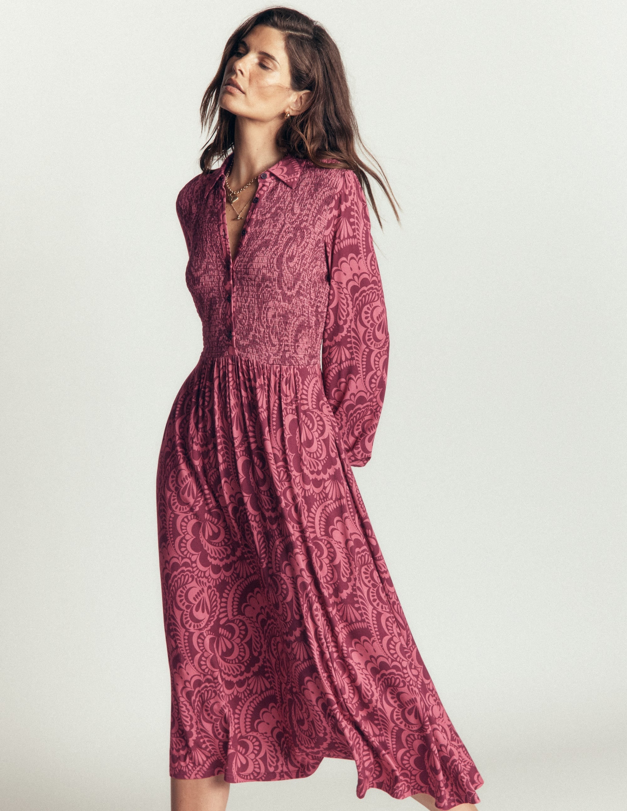 Camilla Smocked Jersey Dress-Maroon, Flourishing Medley