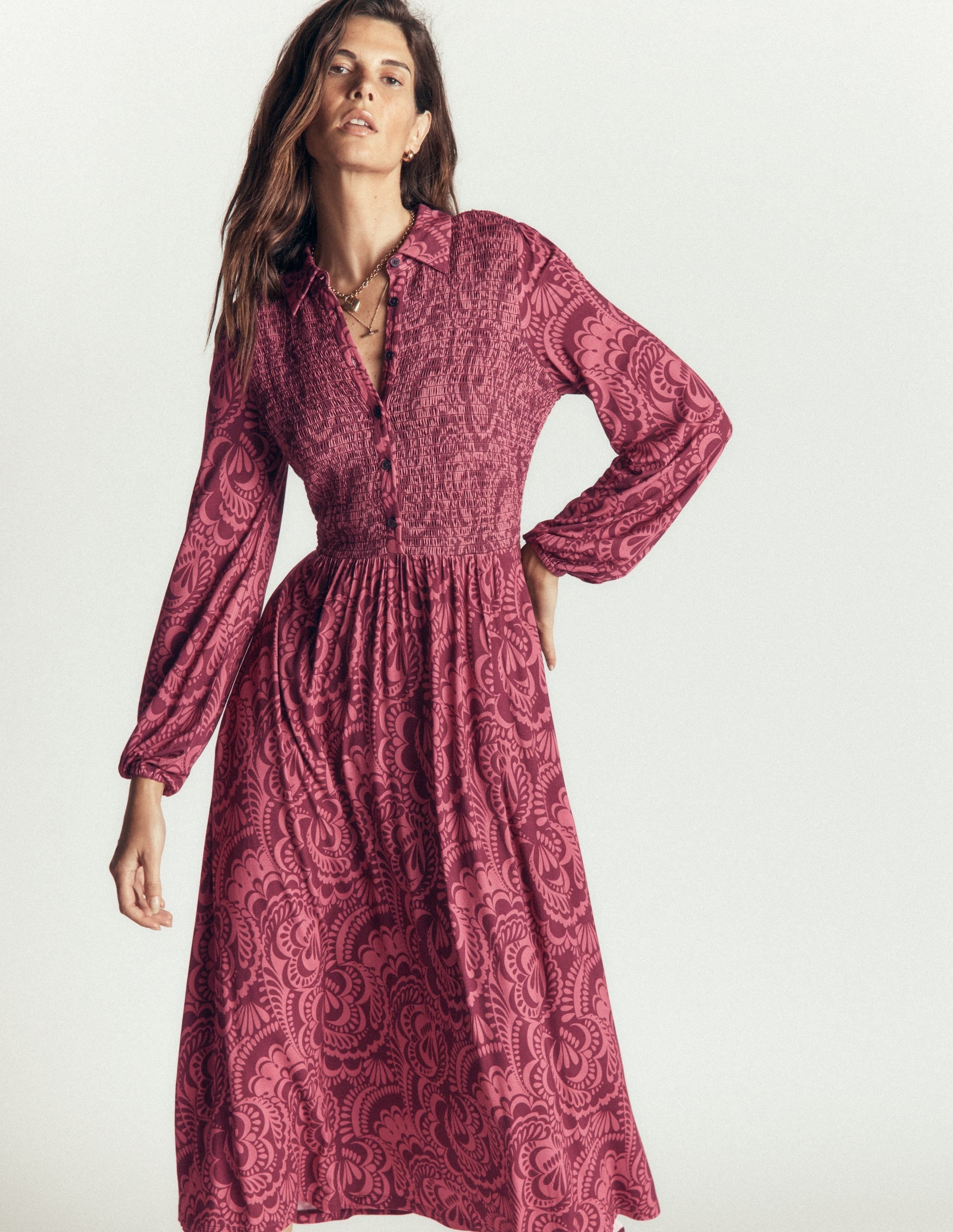 Camilla Smocked Jersey Dress-Maroon, Flourishing Medley