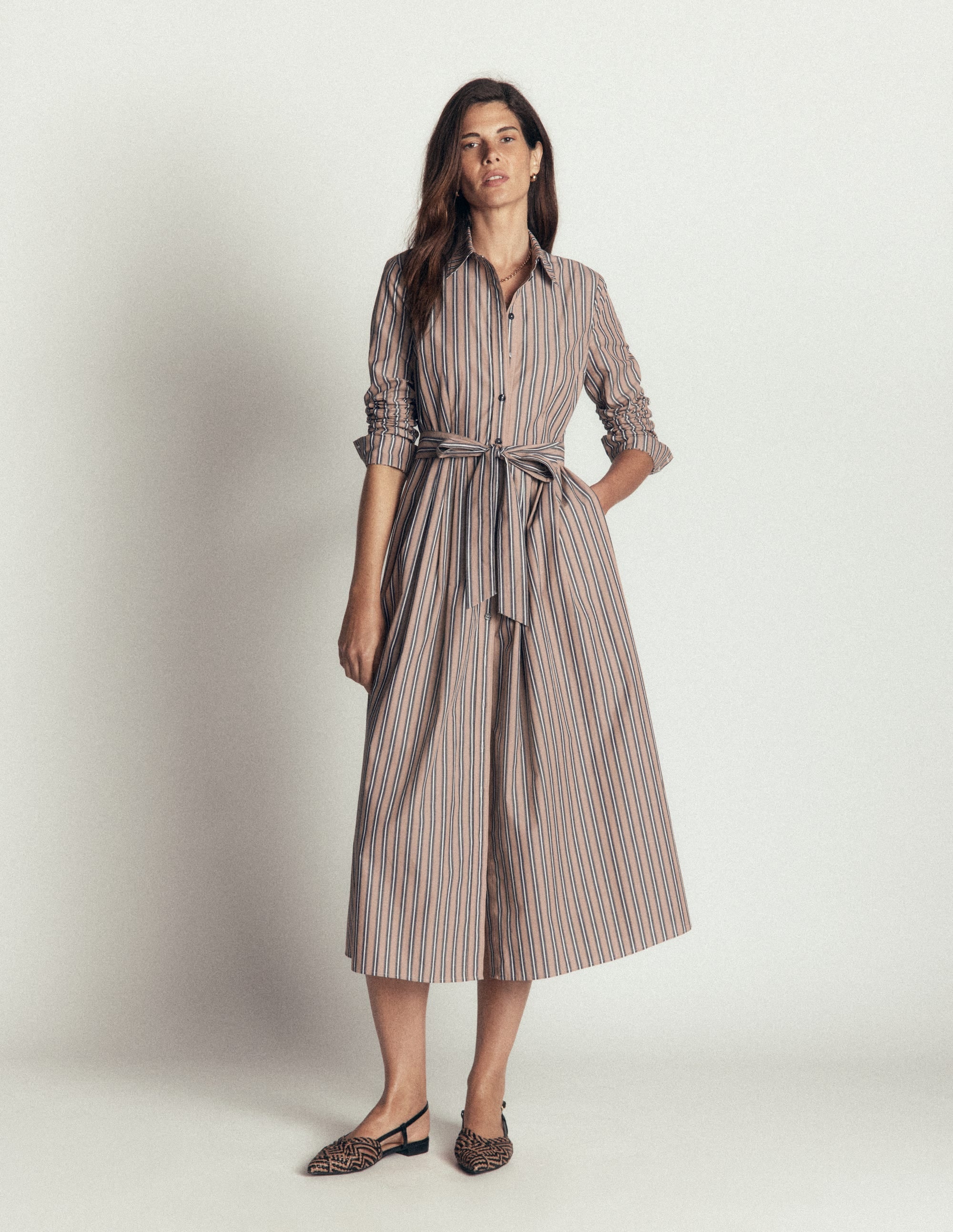 Alexa Cotton Midi Shirt Dress-Camel, Navy Tram Stripe