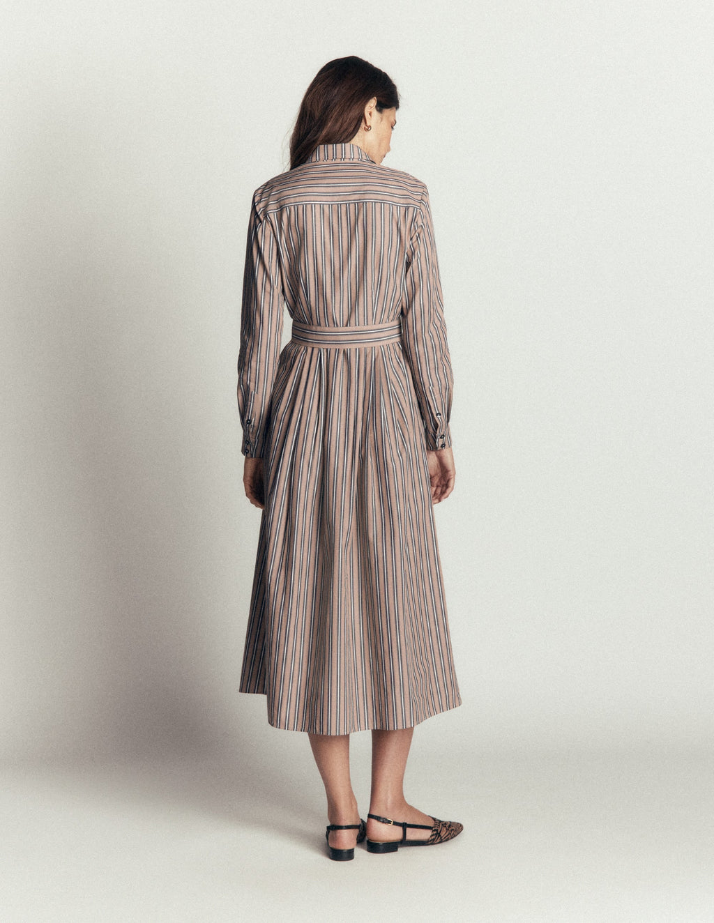 Alexa Cotton Midi Shirt Dress-Camel, Navy Tram Stripe