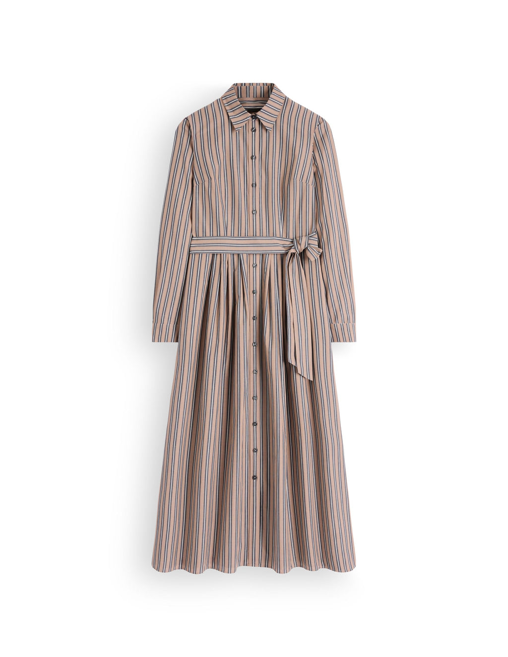 Alexa Cotton Midi Shirt Dress-Camel, Navy Tram Stripe