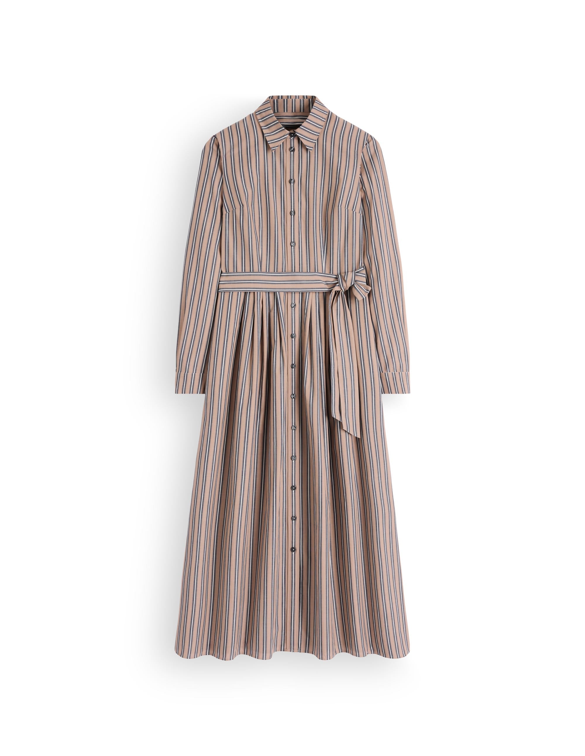 Alexa Cotton Midi Shirt Dress-Camel, Navy Tram Stripe
