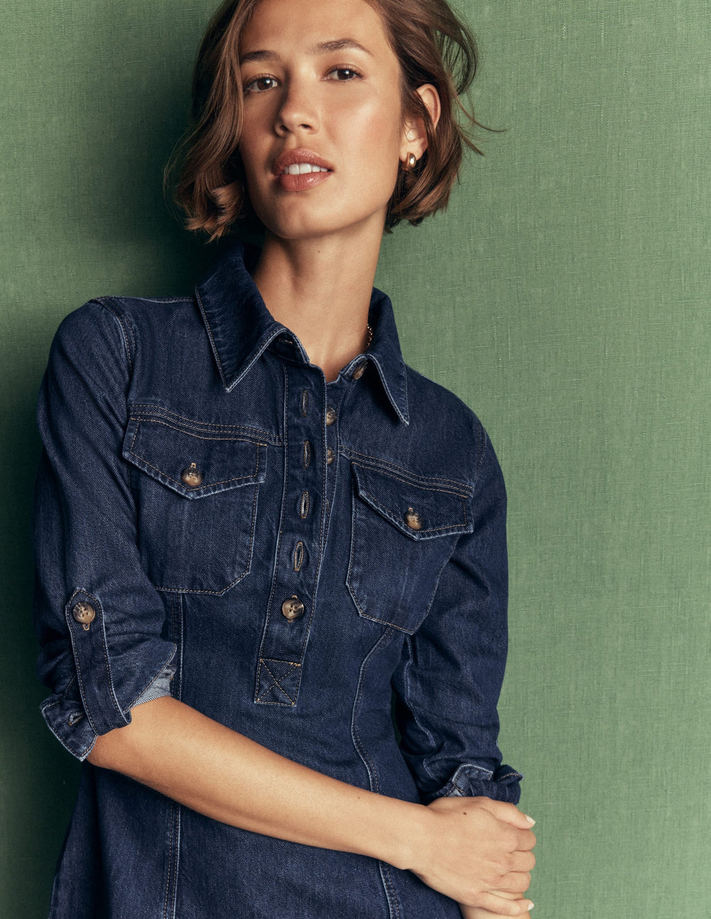 Fleur Denim Short Dress-Mid Vintage Denim