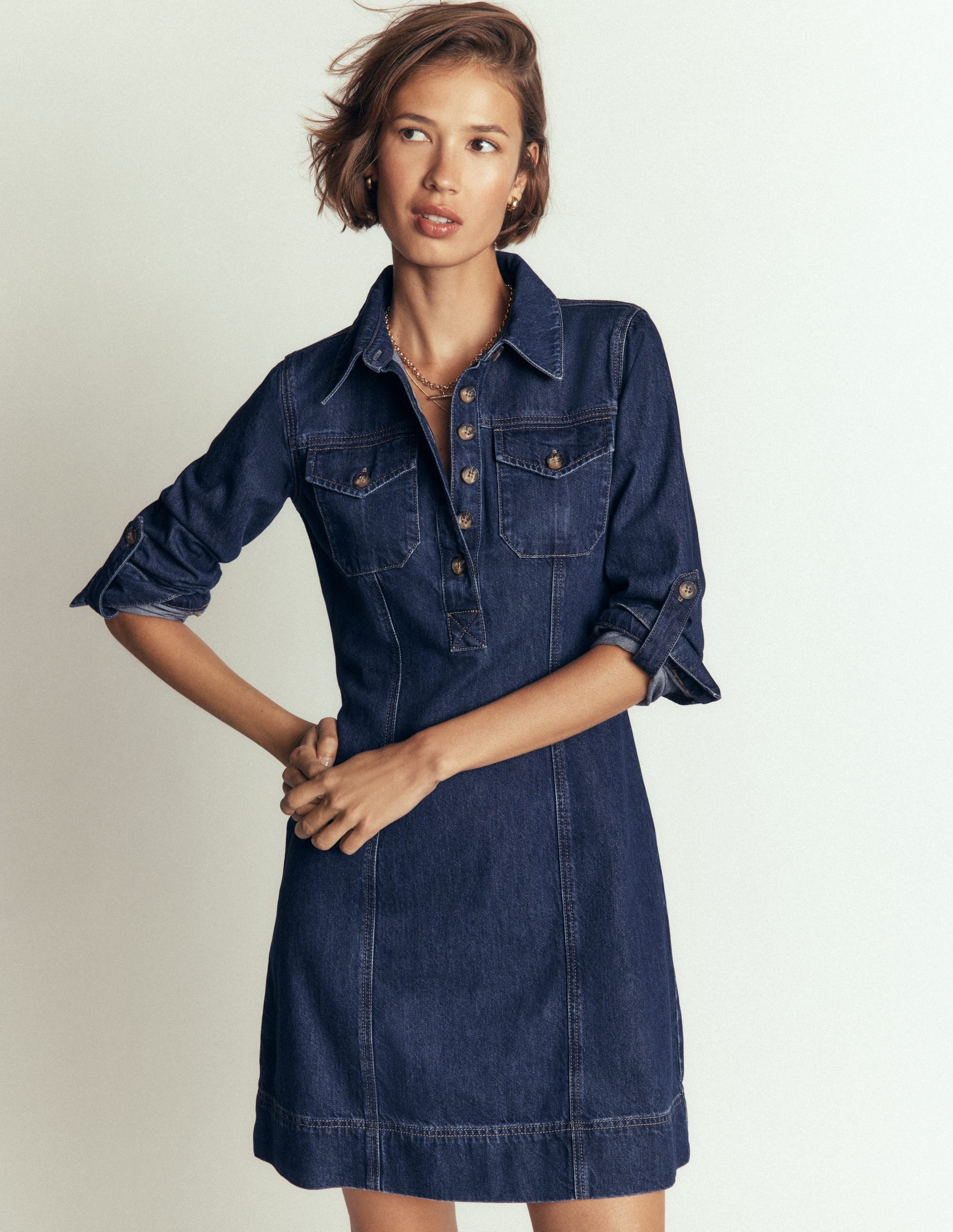 Fleur Denim Short Dress-Mid Vintage Denim