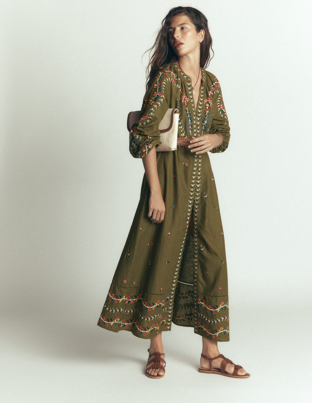 Embroidered Linen Dress-Woodland Green, Embroidery