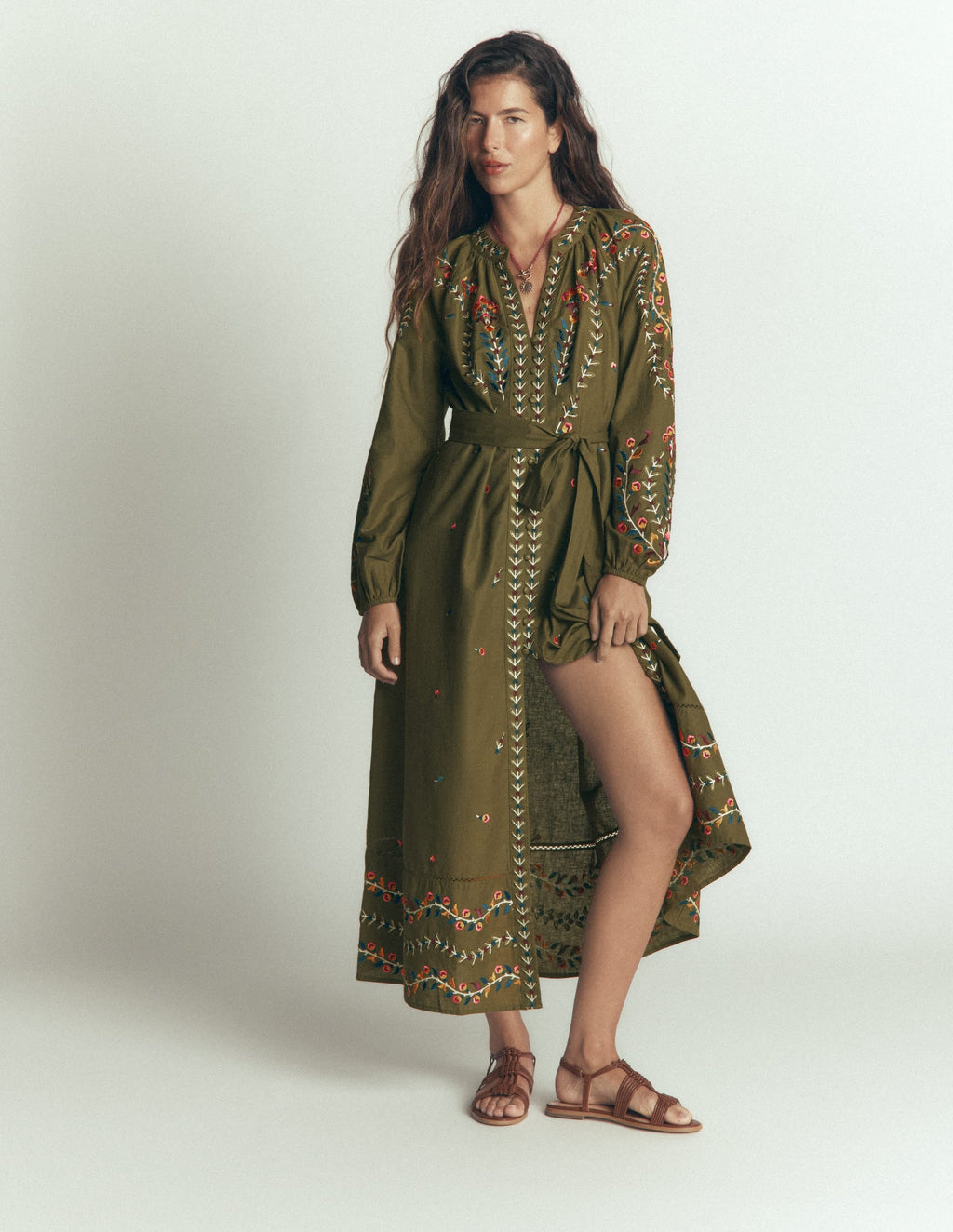 Embroidered Linen Dress-Woodland Green, Embroidery