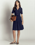 Button Front Stitch Dress-Navy