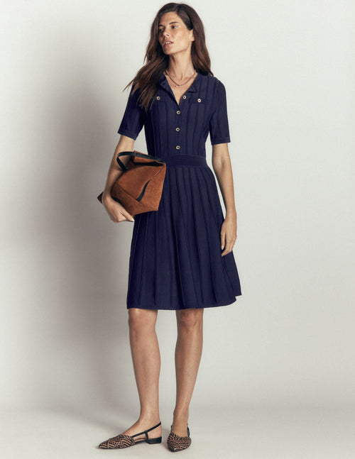 Button Front Stitch Dress-Navy