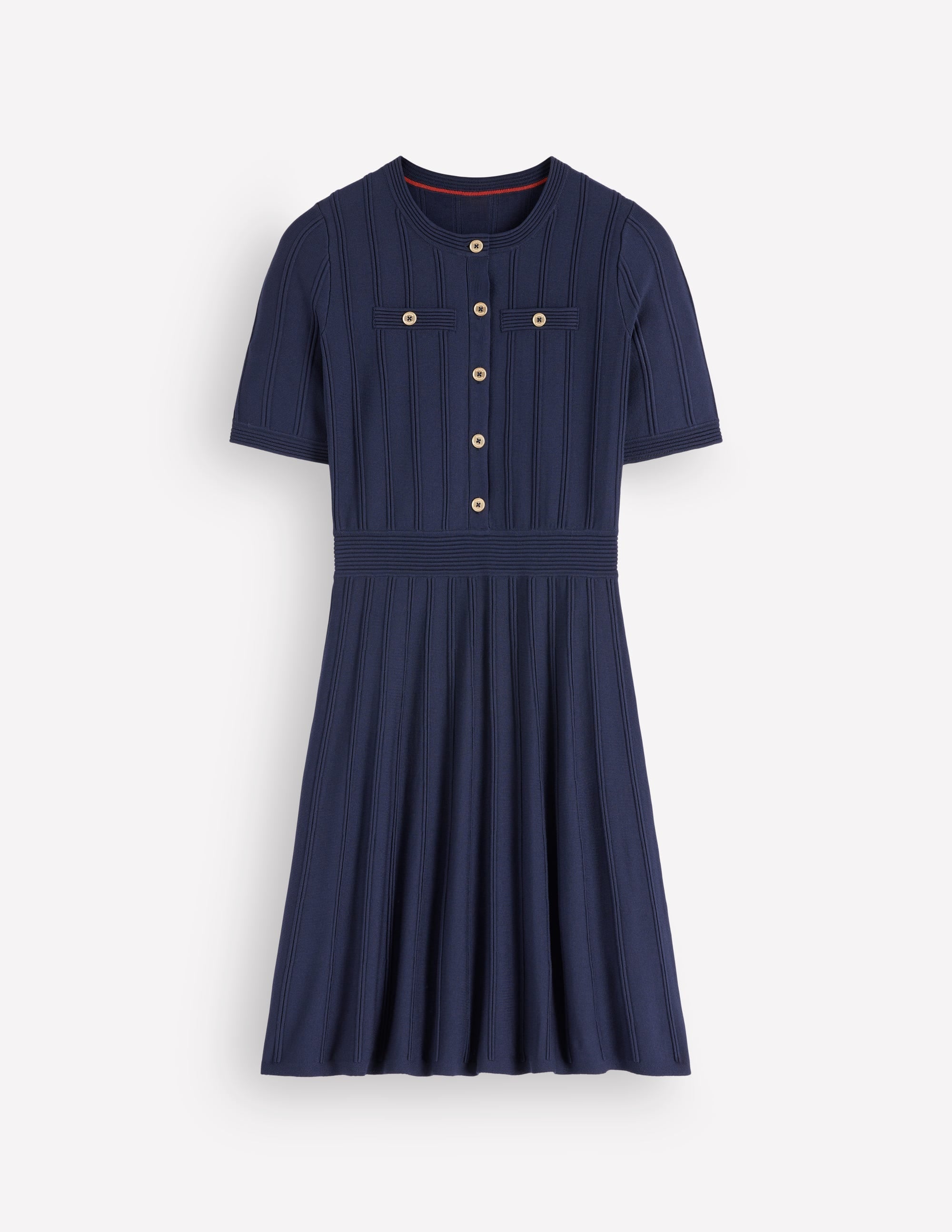 Button Front Stitch Dress-Navy