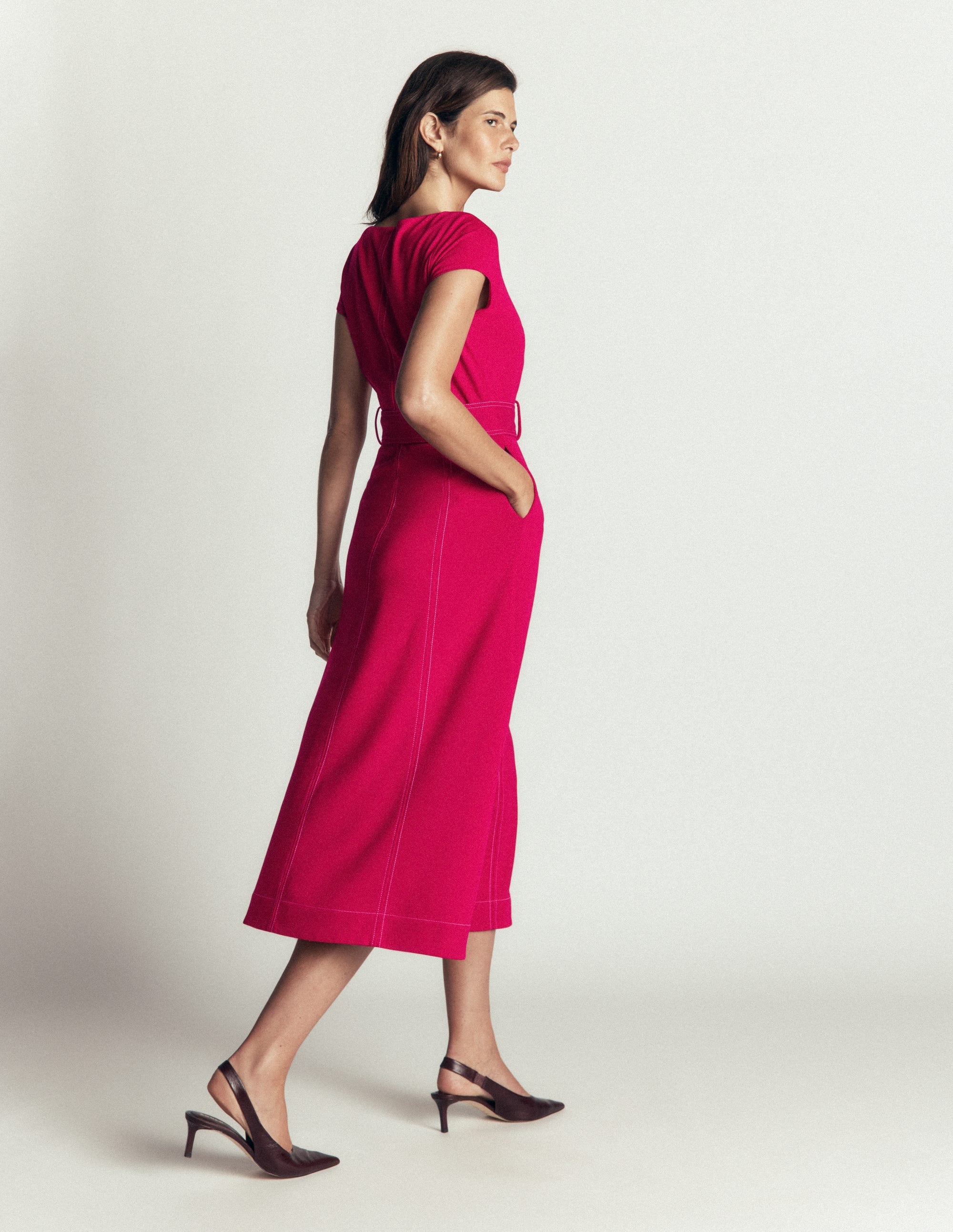 Annet Belted Ponte Midi Dress-Pomegranate