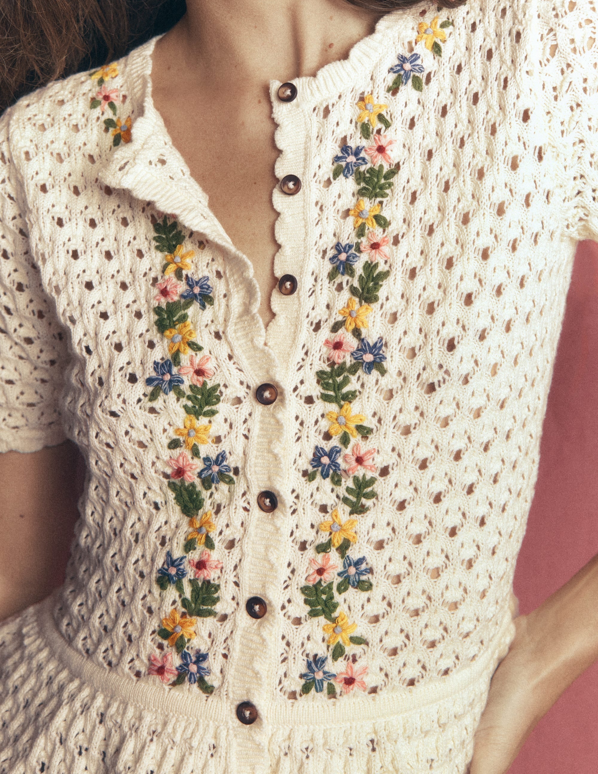 Embroidered Pointelle Cardigan-Ivory Embroidered