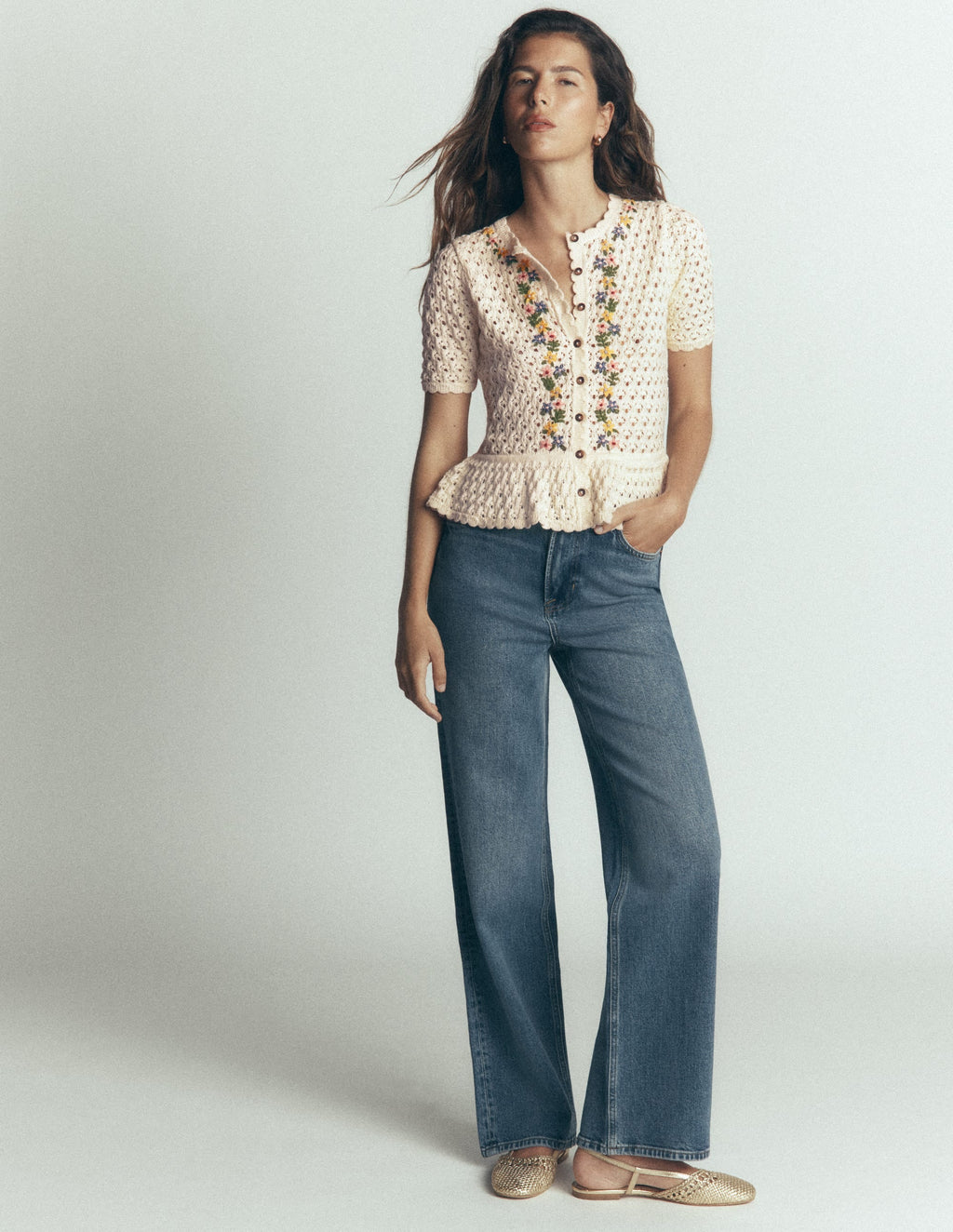 Embroidered Pointelle Cardigan-Ivory Embroidered