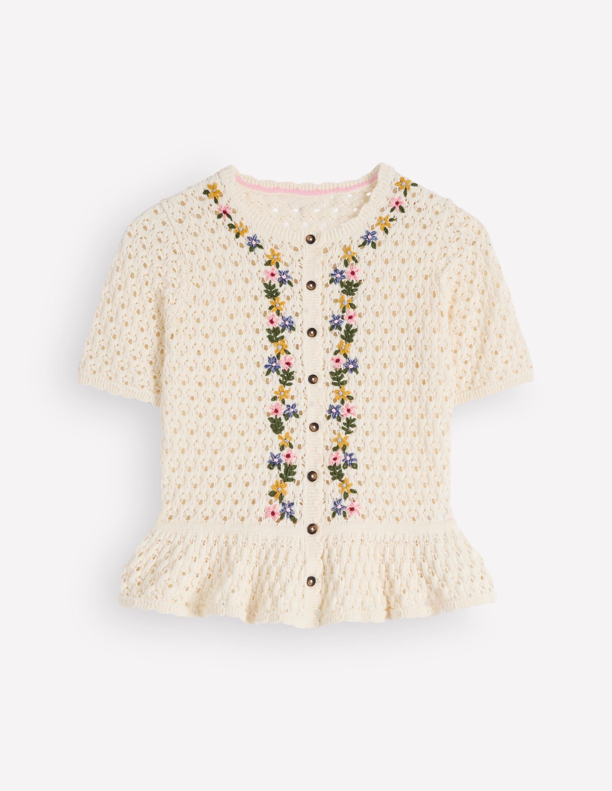Embroidered Pointelle Cardigan-Ivory Embroidered