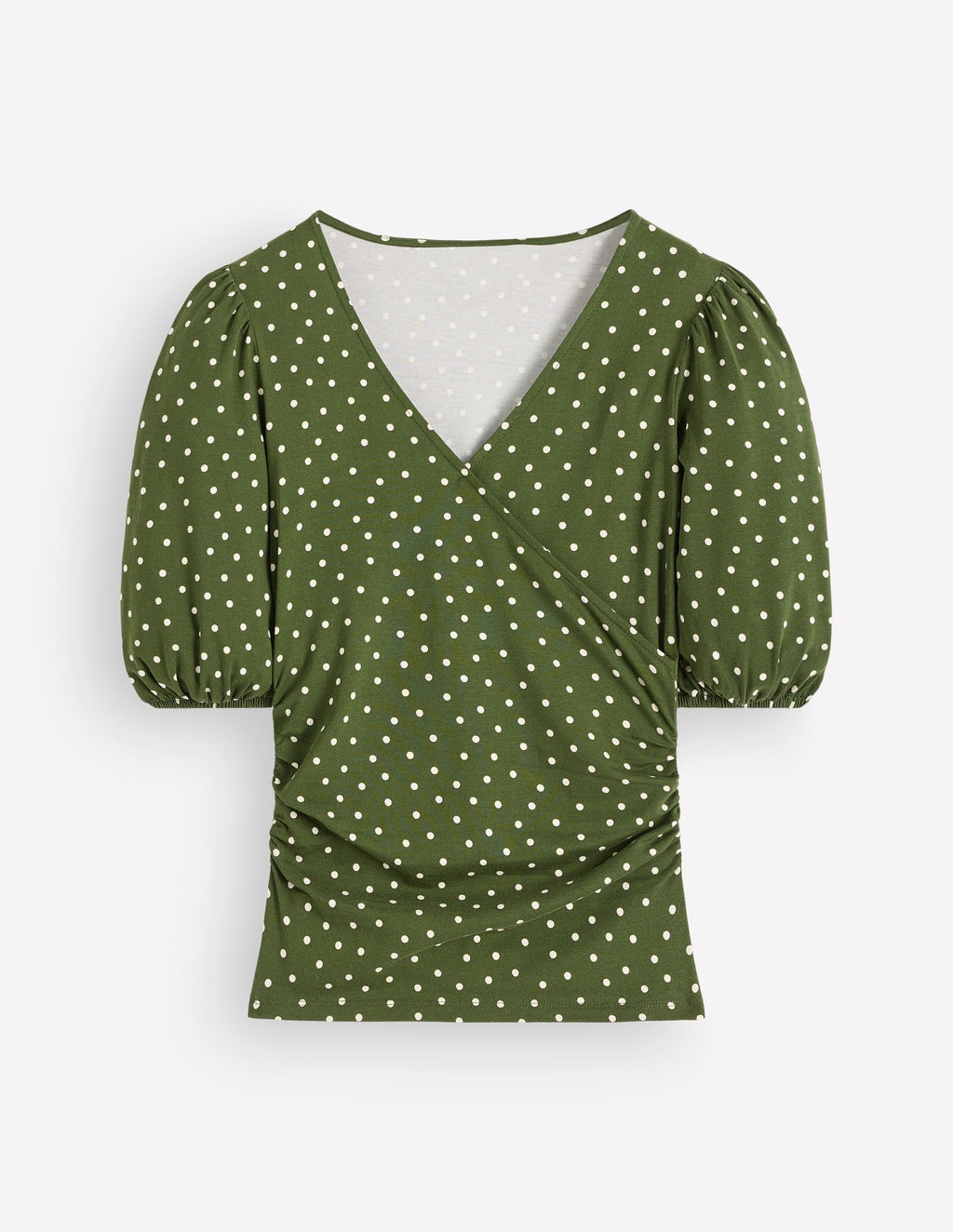 Tia Ruched Wrap Top-Brunswick Green, Painted Dot