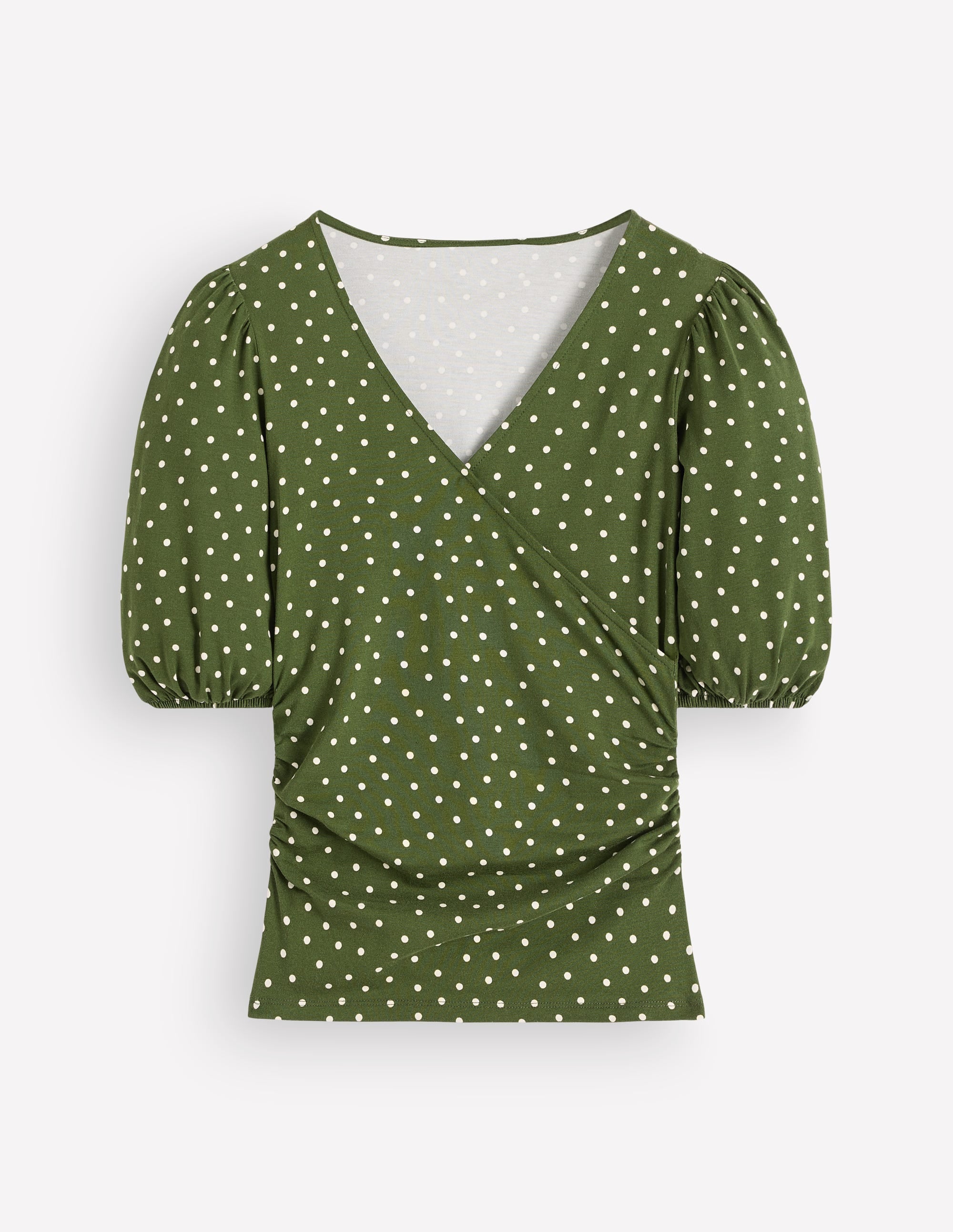 Tia Ruched Wrap Top-Brunswick Green, Painted Dot