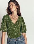 Tia Ruched Wrap Top-Brunswick Green, Painted Dot