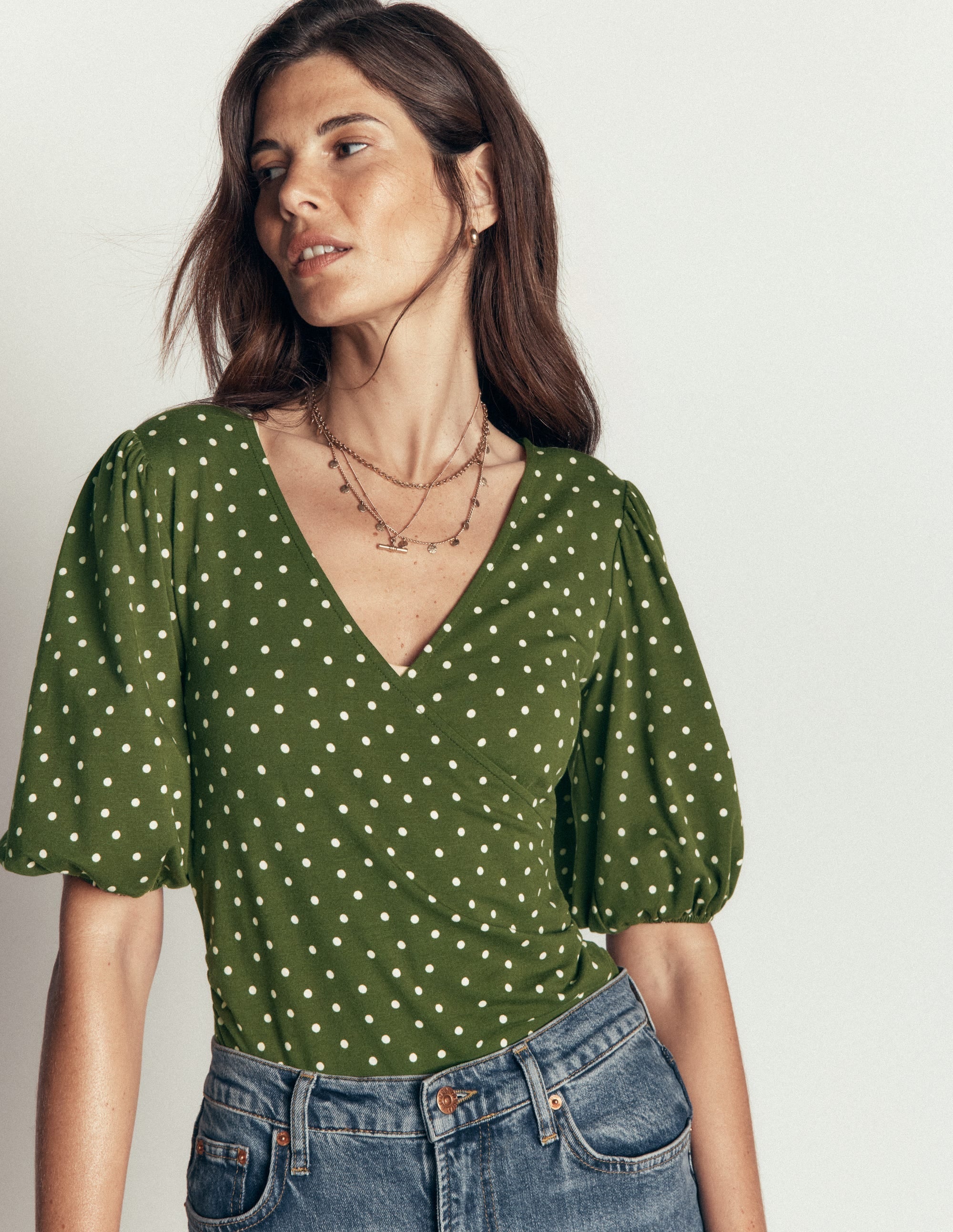 Tia Ruched Wrap Top-Brunswick Green, Painted Dot