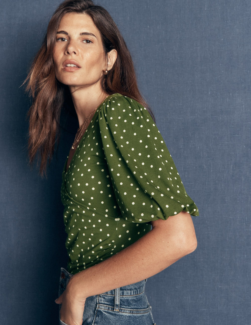 Tia Ruched Wrap Top-Brunswick Green, Painted Dot