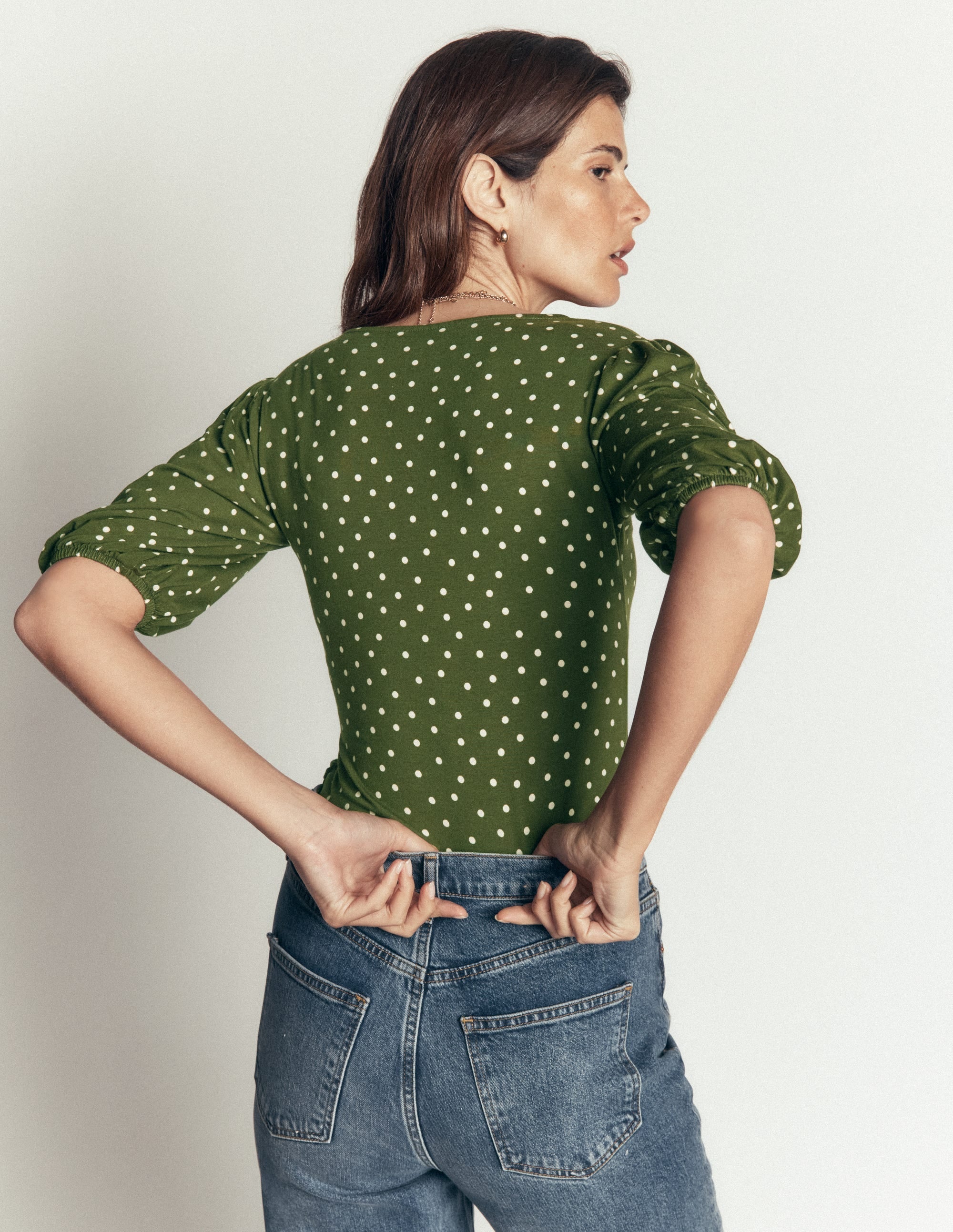 Tia Ruched Wrap Top-Brunswick Green, Painted Dot