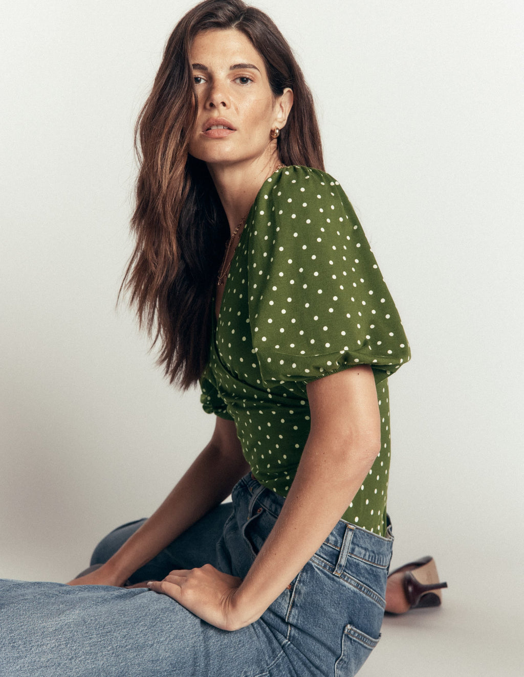 Tia Ruched Wrap Top-Brunswick Green, Painted Dot