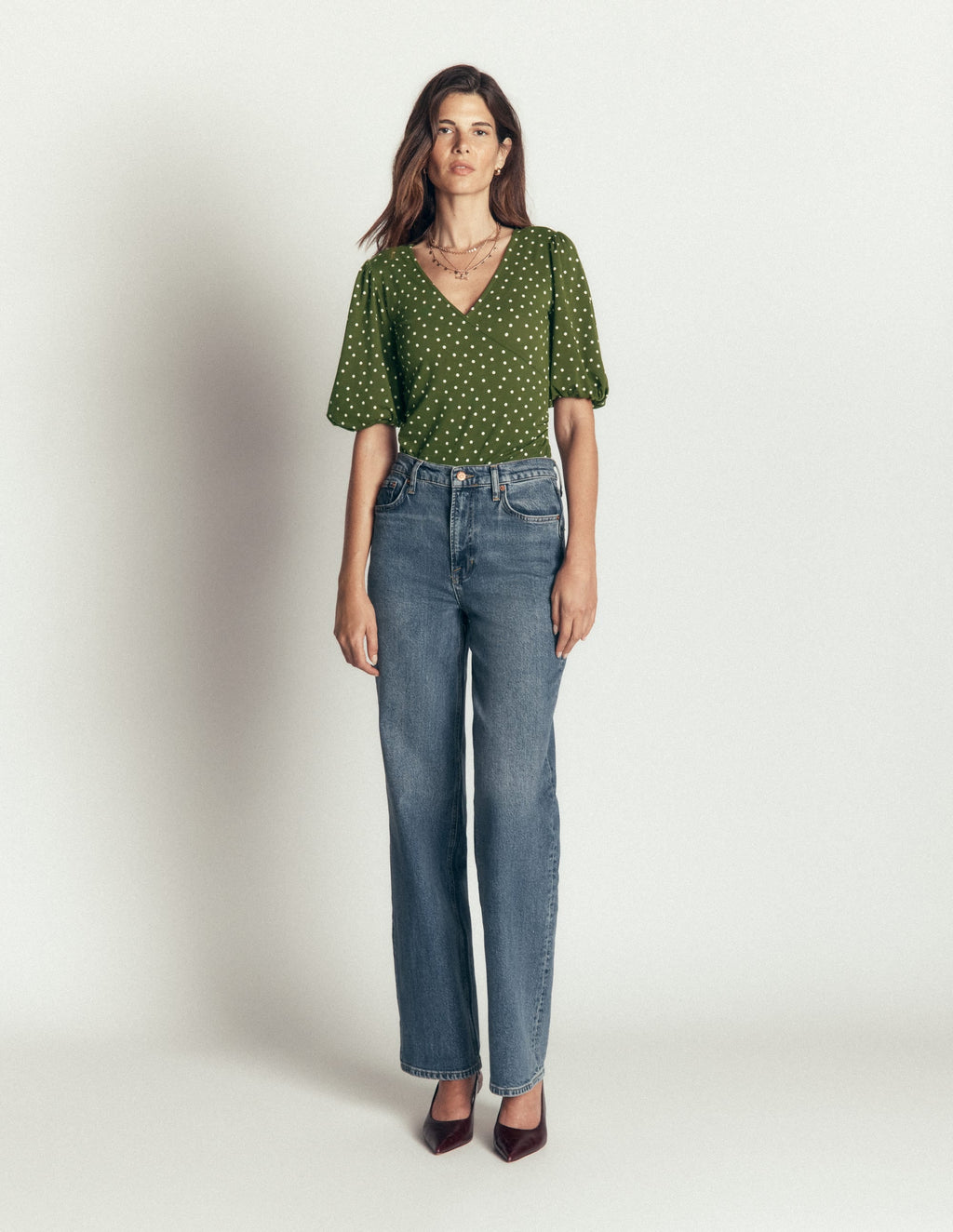 Tia Ruched Wrap Top-Brunswick Green, Painted Dot