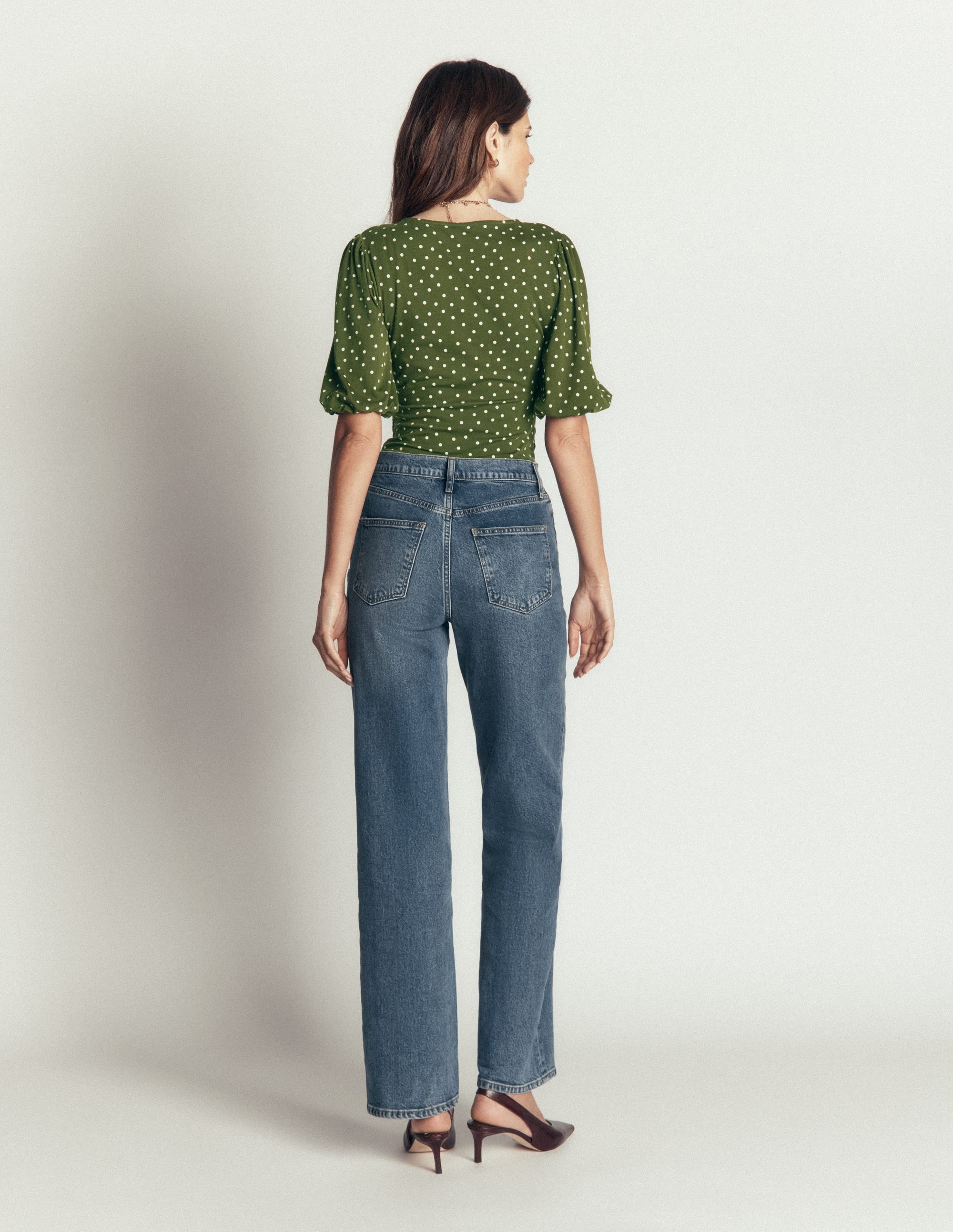 Tia Ruched Wrap Top-Brunswick Green, Painted Dot