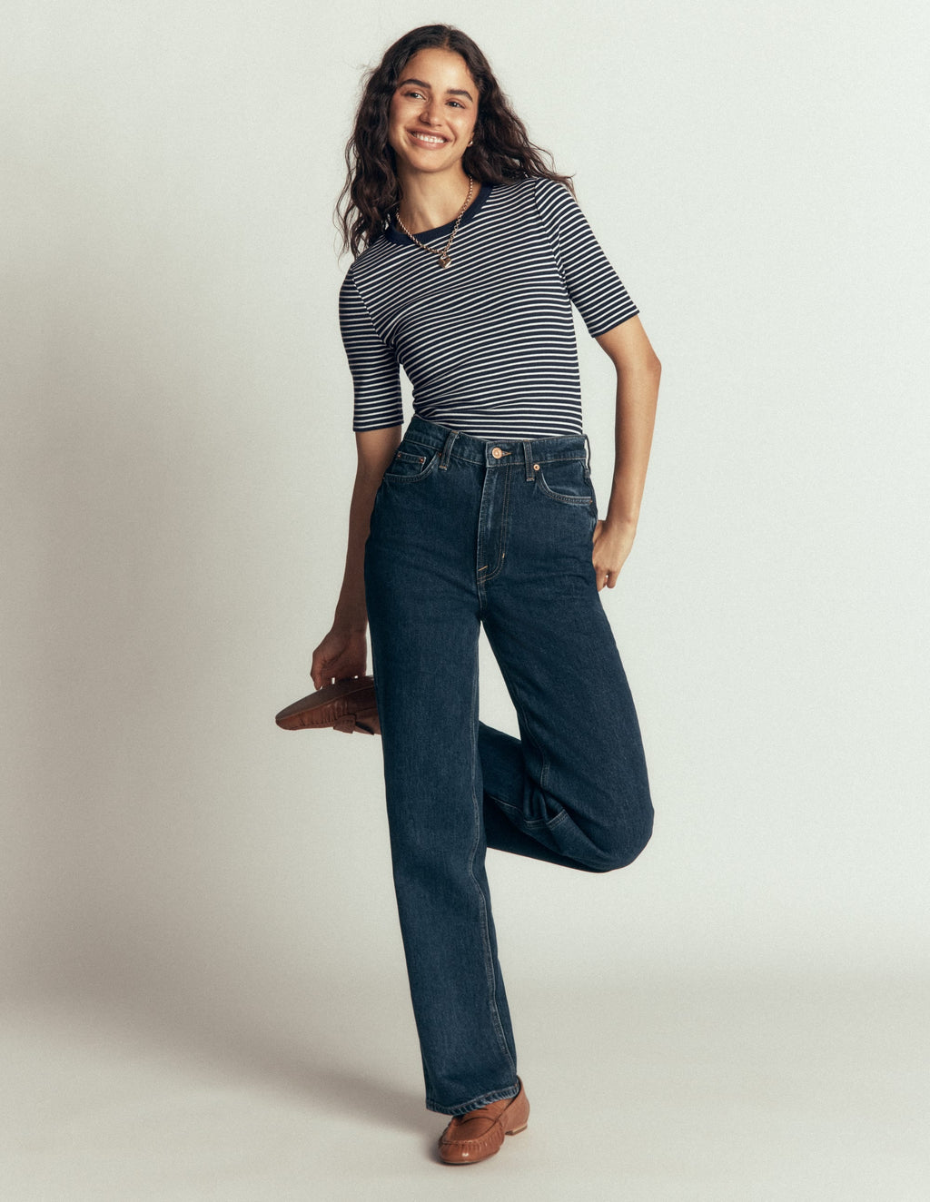 Ribbed Cotton T-Shirt-Navy & Ivory Stripe