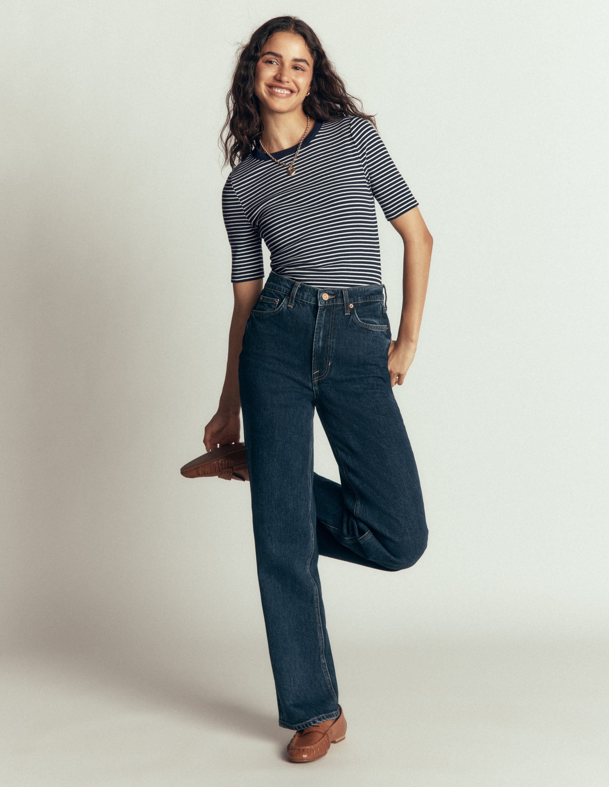 Ribbed Cotton T-Shirt-Navy & Ivory Stripe
