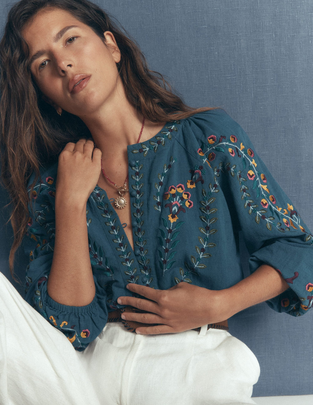 Raglan Embroidered Top-Mid Blue